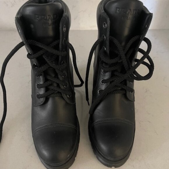 Prada Lug-Sole Leather Combat Boots Black - Picture 2 of 4